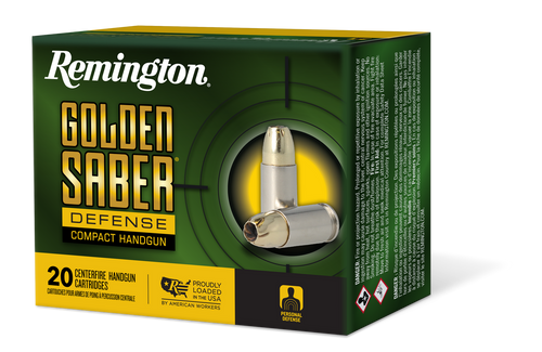 Remington Golden Saber Defense Compact 9mm Luger Ammo 124 Grain Jacketed Hollow Point Box of 20