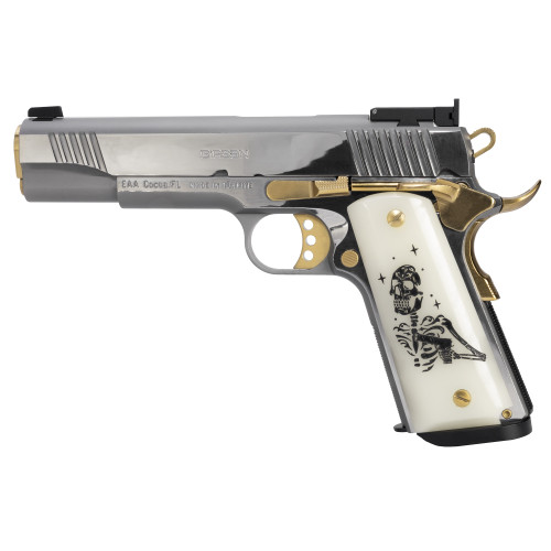 Girsan MC1911 9mm Luger Pistol 5" Barrel 10+1 Round Polished Stainless Steel Silver with Gold Trim - Image 1
