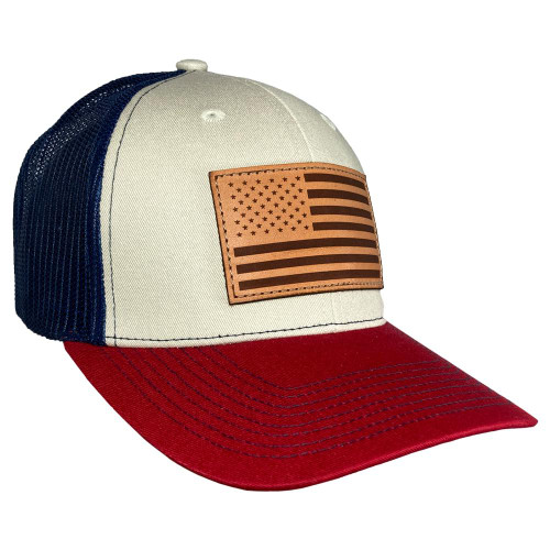 Outdoor Cap Company Trucker Hat Stone/Navy/Cardinal with USA Flag Leather Patch