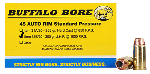 Buffalo Bore 45 Auto Rim (Not ACP) Ammo 200 Grain Jacketed Hollow Point Box of 20