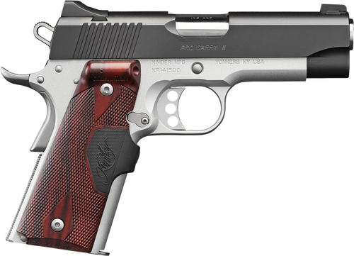 Kimber Pro Carry II 9mm Luger Pistol 4" Barrel 9+1 Round Stainless Barrel Black Slide Silver Frame Rosewood Grip Kimber Pro Carry II 9mm Luger Pistol 4" Barrel 9+1 Round Stainless Barrel Black Slide Silver Frame Rosewood Grip