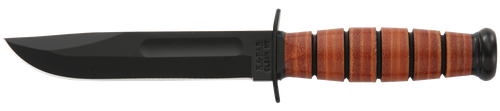 KA-BAR Short U.S.M.C. Fixed Blade Knife 5.25" Clip Point 1095 Cro-Van Black Powder Coat Blade Stacked Leather Handle Black/Brown