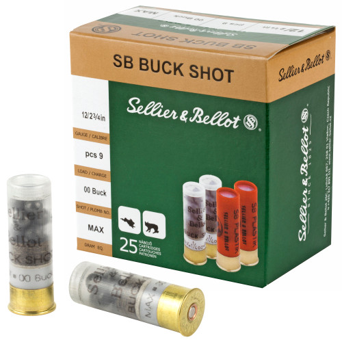 Sellier & Bellot Shotshells 12 Gauge 2-3/4" #00 Buckshot 9 Pellets 1214 fps Box of 25 - Image 1