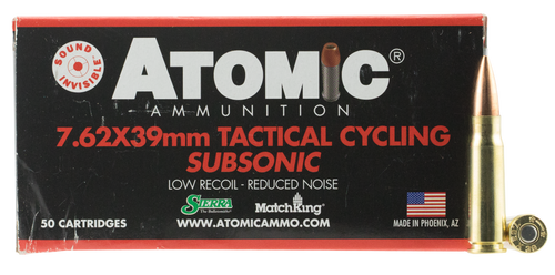 Atomic Tactical Cycling Subsonic 7.62x39mm Ammo 220 Grain Jacketed Hollow Point Box of 50