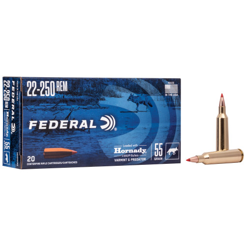 Federal Varmint & Predator 22-250 Remington Ammo 55 Grain Hornady V-Max Polymer Tip Box of 20