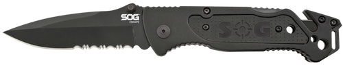 Sog Escape Pocket Knife 3.4" Clip Point Partially Serrated 9Cr18MoV Stainless Steel Blade Black Anodized Aluminum Handle