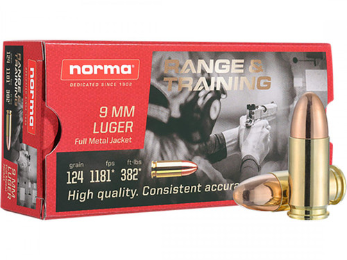 Norma Range & Training Ammunition 9mm Luger 124 Grain Full Metal Jacket 50ct