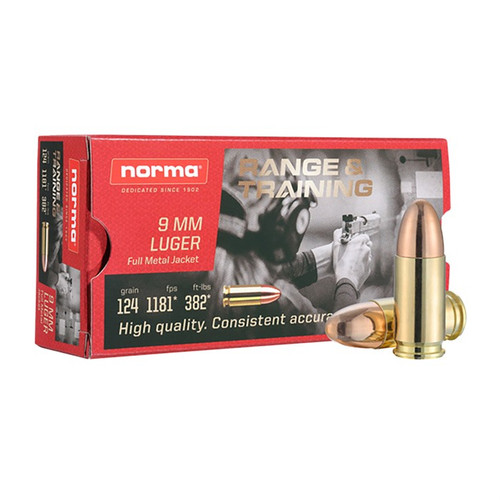 Norma 9mm Luger Ammo 124 Grain Full Metal Jacket Box of 50