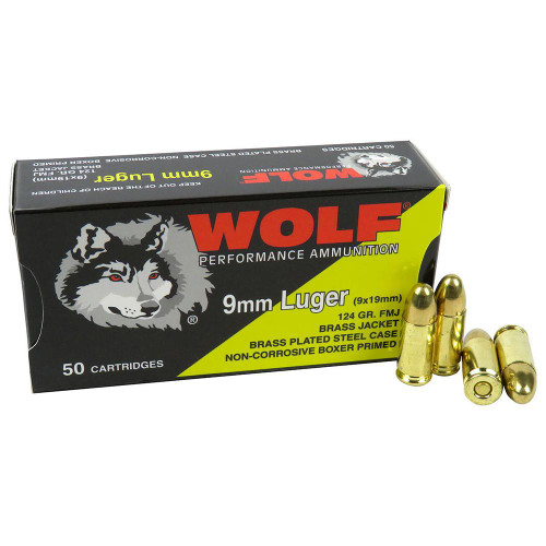 Wolf 9mm Luger Ammo 124 Grain FMJ Box of 50