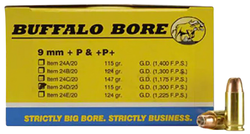 Buffalo Bore 9mm Luger +P Ammo 115 Grain Jacketed Hollow Point Box of 20