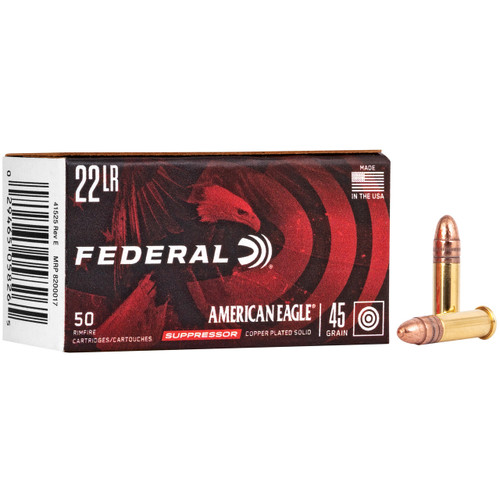 Federal American Eagle Suppressor 22 LR Ammo 45 Grain Copper-Plated Solid Point Box of 50