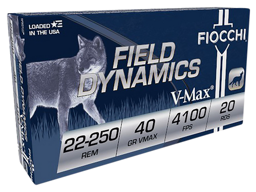 Fiocchi Field Dynamics 22-250 Remington Ammo 40 Grain Hornady V-Max Polymer Tip Box of 20