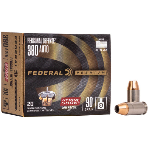 Federal Premium Personal Defense Reduced Recoil 380 ACP Ammo 90 Grain Federal Hydra-Shok Jacketed Hollow Point Box of 20