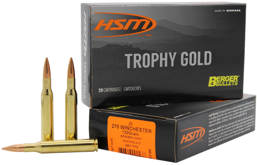 HSM Trophy Gold 270 Winchester Ammo 130 Grain Berger Hunting VLD (Very Low Drag) Jacketed Hollow Point Box of 20 HSM Trophy Gold 270 Winchester Ammo 130 Grain Berger Hunting VLD (Very Low Drag) Jacketed Hollow Point Box of 20