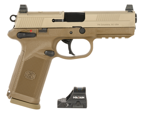 FN FNX-45T 45 ACP Pistol 5.3" Barrel 10+1 Round Black Steel Barrel, Flat Dark Earth Slide & Polymer Frame, Holosun 407C Red Dot, 5 Magazines