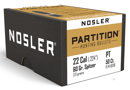 Nosler Partition 22 Caliber (224 Diameter) Bullets 60 Grain Spitzer Box of 50
