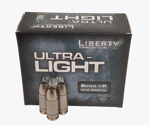 Liberty Ammunition Ultra-Light 9mm +P Ammo 50 Grain Copper Mono-Frag HP Box of 20 Liberty Ammunition Ultra-Light 9mm +P Ammo 50 Grain Copper Mono-Frag HP Box of 20