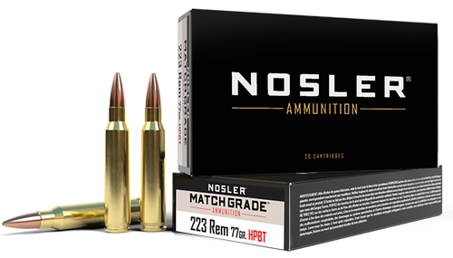 Nosler Match Grade 223 Remington Ammo 77 Grain Nosler Custom Competition Jacketed Hollow Point Box of 20 Nosler Match Grade 223 Remington Ammo 77 Grain Nosler Custom Competition Jacketed Hollow Point Box of 20