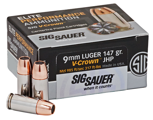 Sig Sauer E9MMA350 Elite Performance 9mm Luger 147 Grain V-Crown Jacketed Hollow Point Box of 50