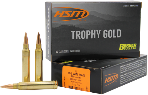 HSM Trophy Gold 300 Winchester Magnum Ammo 185 Grain Berger Hunting VLD (Very Low Drag) Jacketed Hollow Point Box of 20