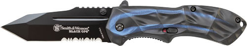 Smith & Wesson SWBLOP3TBLS Assisted Opening Pocket Knife 3.4" Partially Serrated Tanto Point 4034 Black Oxide Blade Aluminum Handle Black/Blue - Image 1