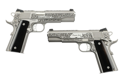 Springfield Armory 1911 Tyler Gun Works Garrison Premier Grade 45 ACP Pistol 5" Barrel 7+1 Round Engraved Stainless Slide Ebony Black Grip Stainless Frame