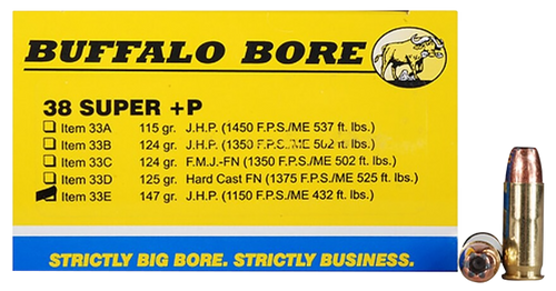 Buffalo Bore Outdoorsman 38 Super +P Ammo 147 Grain Jacketed Hollow Point Box of 20