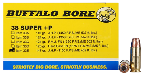 Buffalo Bore Outdoorsman 38 Super +P Ammo 147 Grain Jacketed Hollow Point Box of 20