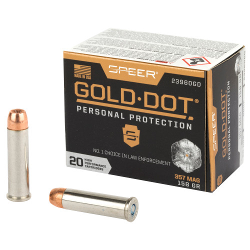 Speer Gold Dot 357 Magnum Ammo 158 Grain Bonded Jacketed Hollow Point Box of 20 - Image 1