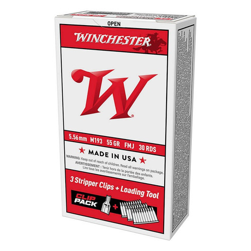 Winchester M193 5.56x45mm NATO Ammo 55 Grain FMJ Box of 30 with 3 Stripper Clips
