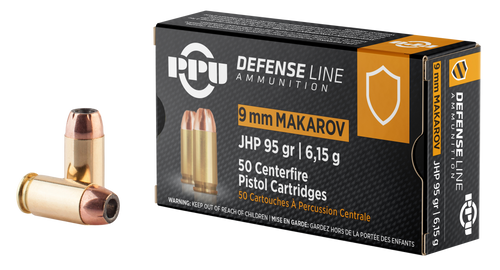 PPU Defense 9x18mm (9mm Makarov) Ammo 95 Grain Jacketed Hollow Point Box of 50 PPU Defense 9x18mm (9mm Makarov) Ammo 95 Grain Jacketed Hollow Point Box of 50