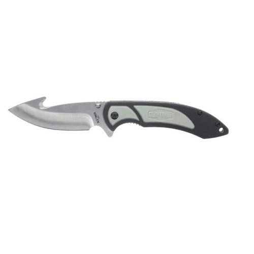 Old Timer Trail Boss Pocket Knife 3.5" Drop Point with Gut Hook Stainless Steel Satin Blade TPE Handle Gray/Black