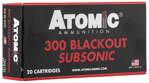 Atomic Ammunition Subsonic 300 AAC Blackout Ammo 260 Grain Jacketed Soft Point Box of 20 Atomic Ammunition Subsonic 300 AAC Blackout Ammo 260 Grain Jacketed Soft Point Box of 20
