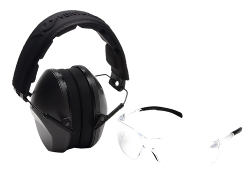 Pyramex Low Profile Combo Kit: Passive Ear Muffs (24dB) and Clear Shooting Glasses