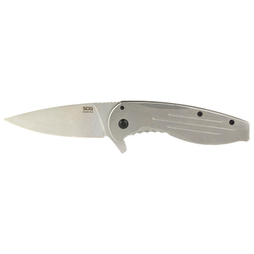 SOG Aegis FLK Pocket Knife 3.4" Drop Point 8Cr13MoV Stonewashed Blade Stainless Steel Handle Gray - Image 1