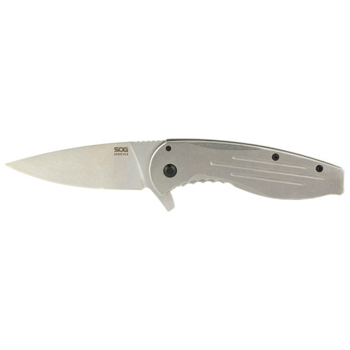 SOG Aegis FLK Pocket Knife 3.4" Drop Point 8Cr13MoV Stonewashed Blade Stainless Steel Handle Gray