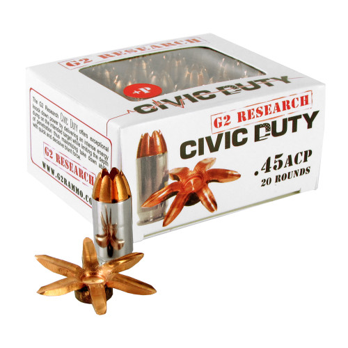 G2 Research Civic Duty 45 ACP Ammo 164 Grain G2 R.I.P. Solid Hollow Point Lead Free Box of 20