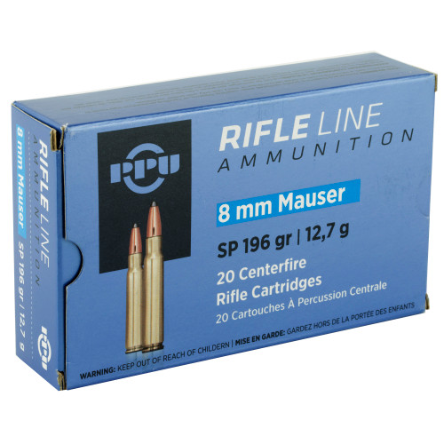 PPU 8x57mm JS Mauser (8mm Mauser) (323 Diameter) Ammo 196 Grain Jacketed Soft Point Box of 20