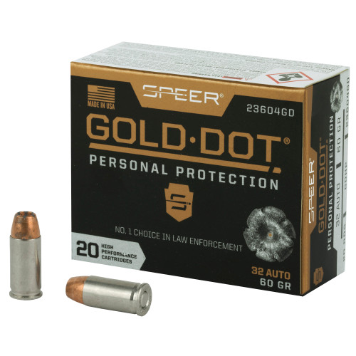 Speer Gold Dot 32 ACP Ammo 60 Grain Bonded Jacketed Hollow Point Box of 20 - Image 1
