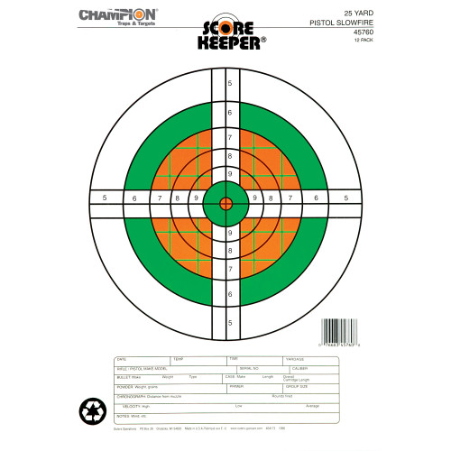 Champion Score Keeper  25 Yard Slow Fire Pistol Targets 11" x 16" Paper Fluorescent Orange/Green Bull Pack of 12