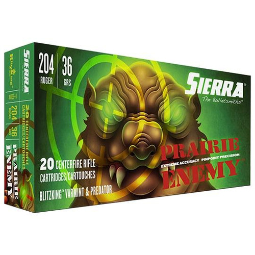 Sierra Bullets Prairie Enemy 204 Ruger Ammo 36 Grain BlitzKing Box of 20