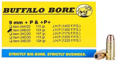 Buffalo Bore 9mm Luger +P+ Ammo 124 Grain Jacketed Hollow Point Box of 20