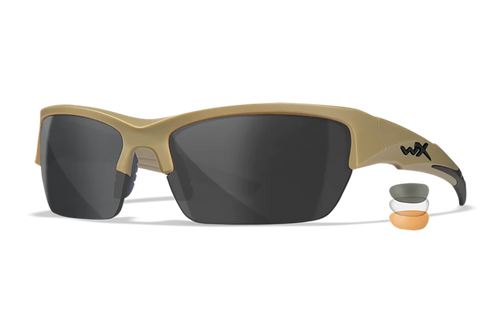 Wiley X Men's WX Valor Shooting Glasses Tan Frame Smoke Gray, Clear, Light Rust Lens