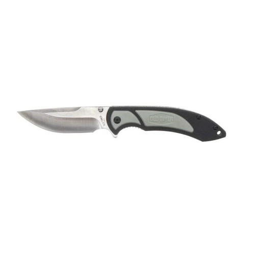 Old Timer Trail Boss Pocket Knife 3.5" Drop Point Stainless Steel Satin Blade TPE Handle Gray/Black