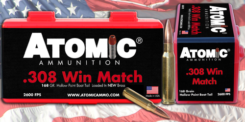 Atomic Ammunition 308 Winchester 168 Grain Tipped MatchKing 20 Rounds Per Box 10 Boxes Per Case Atomic Ammunition 308 Winchester 168 Grain Tipped MatchKing 20 Rounds Per Box 10 Boxes Per Case