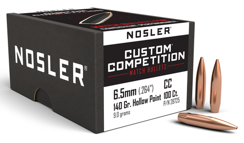 Nosler 6.5mm .264" 140gr HPBT 100/Box (Custom Competition, Ballistic Coefficient: 0.529)