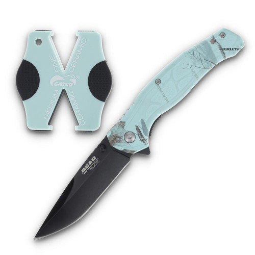 Bear & Son Brisk 2.0 Folding Knife & Sharpener Combo Drop Point Blade Teal Camo