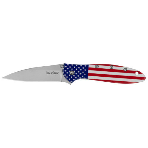 Kershaw Leek Assisted Opening Pocket Knife 3" Wharncliffe Sandvik 14C28N Bead Blasted Blade Aluminum Handle American Flag - Image 1