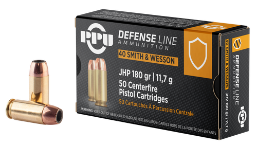 PPU Defense 40 S&W Ammo 180 Grain Jacketed Hollow Point Box of 50