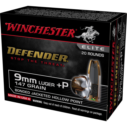 Winchester Defender 9mm Luger +P Ammo 147 Grain Winchester PDX1 Bonded Jacketed Hollow Point Box of 20